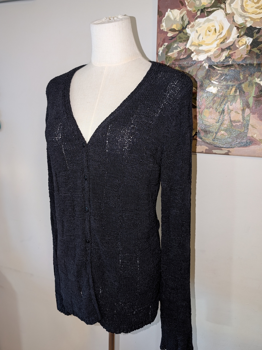 Black Checkerboard Women's VโNeck Button Cardigan Sweater